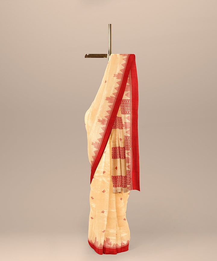 Cream red handloom cotton bengal saree