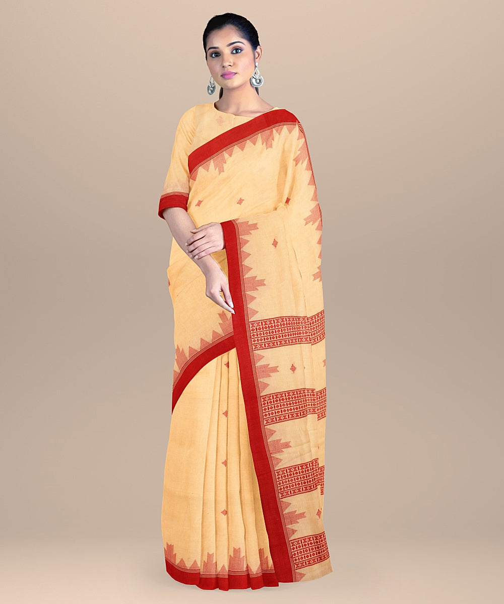 Cream red handloom cotton bengal saree