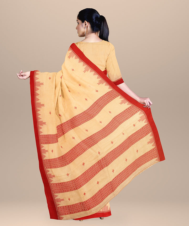 Cream red handloom cotton bengal saree