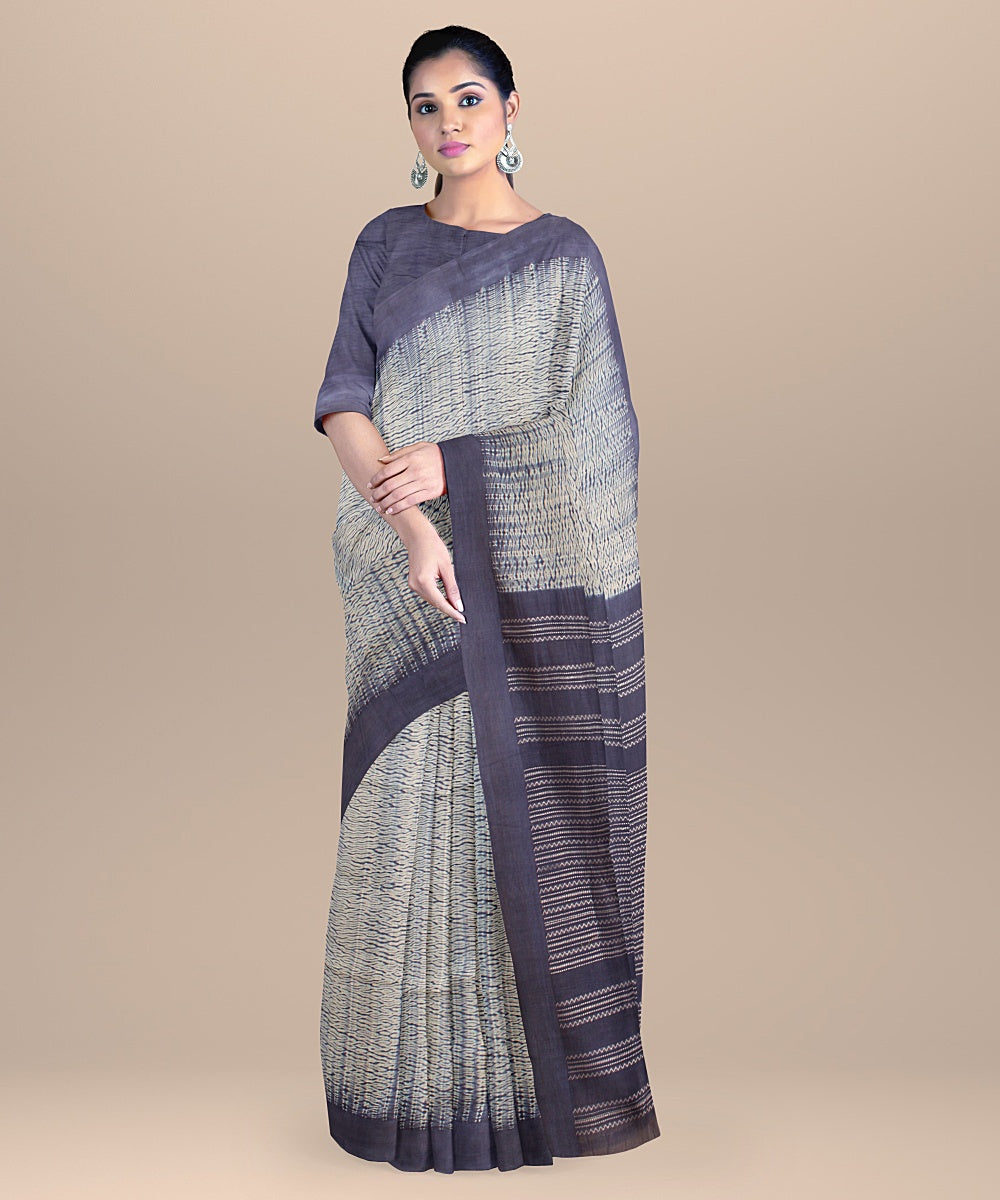 Navy blue white handloom cotton bengal saree