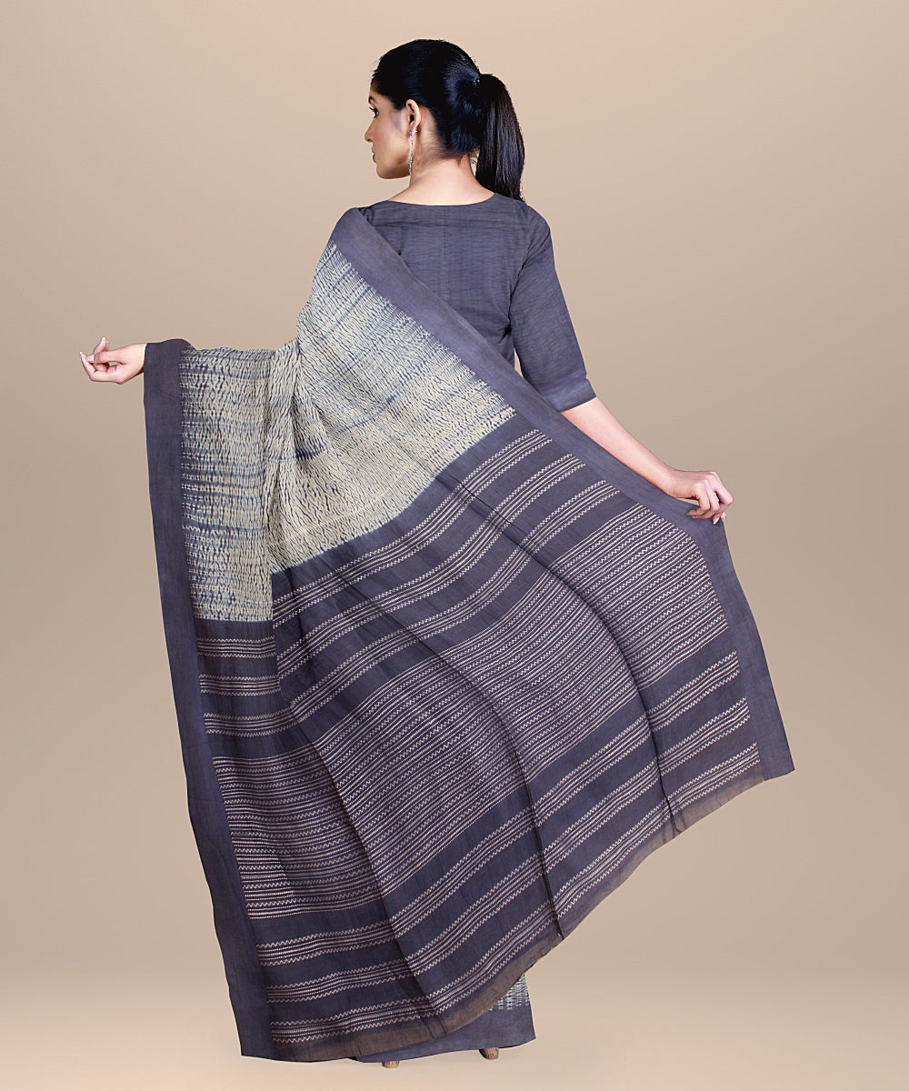 Navy blue white handloom cotton bengal saree