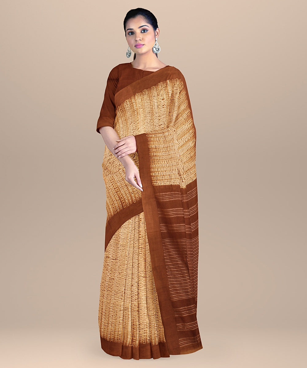 Brown white handloom cotton bengal saree