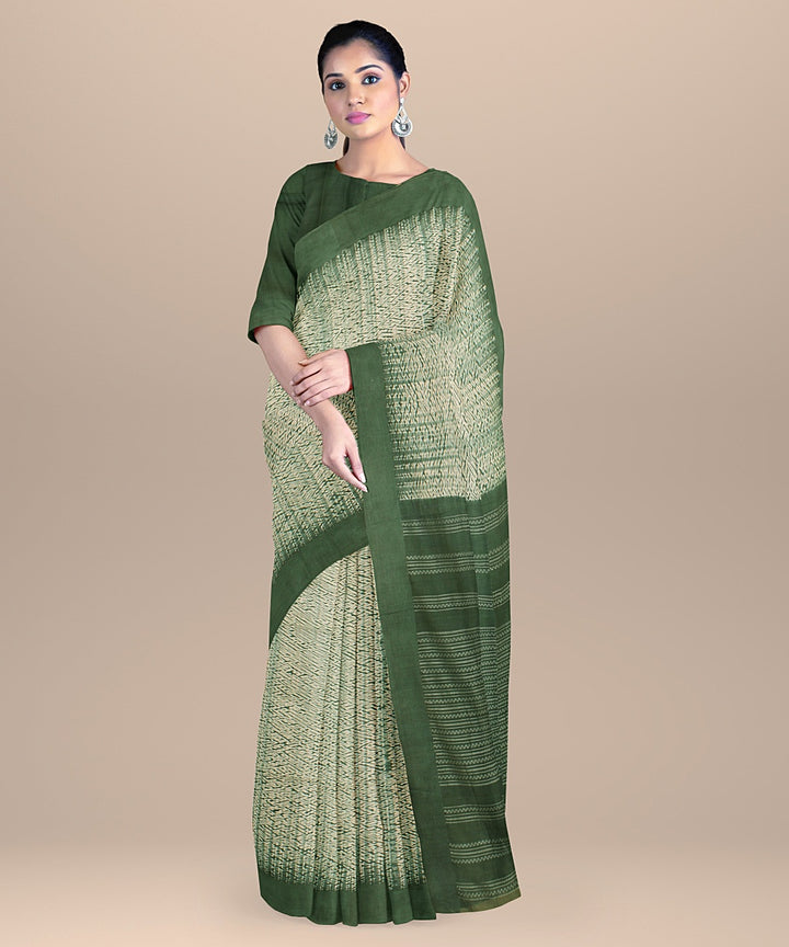 Dark green white handloom cotton bengal saree