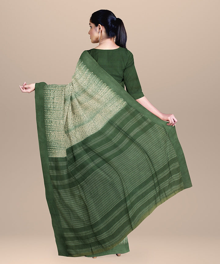 Dark green white handloom cotton bengal saree