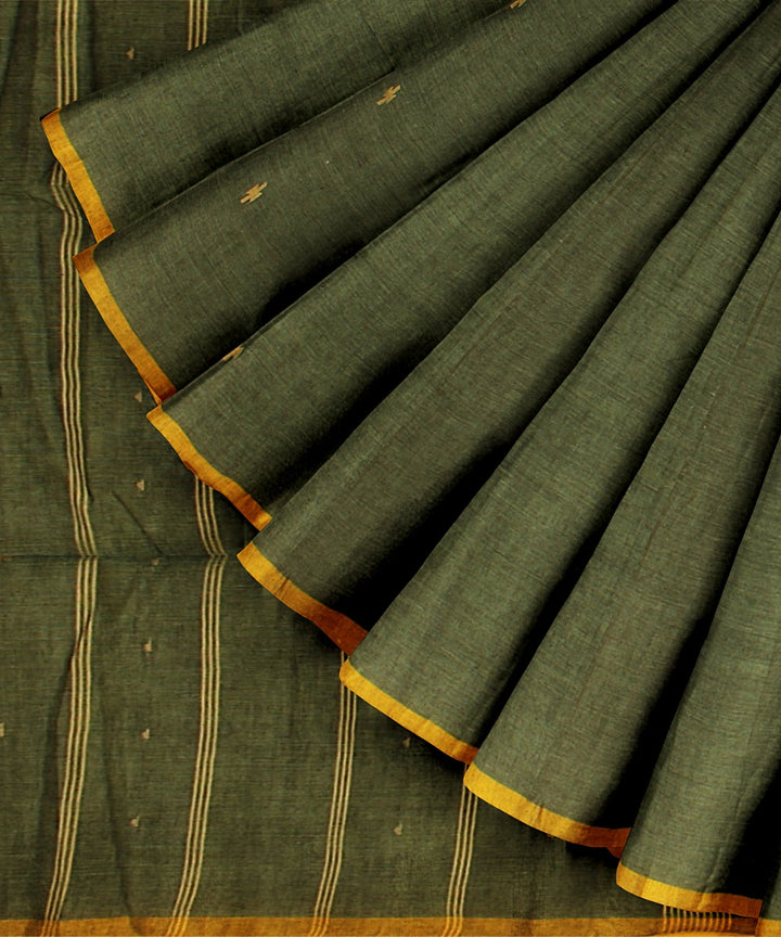 Dark green yellow cotton handloom bengal saree