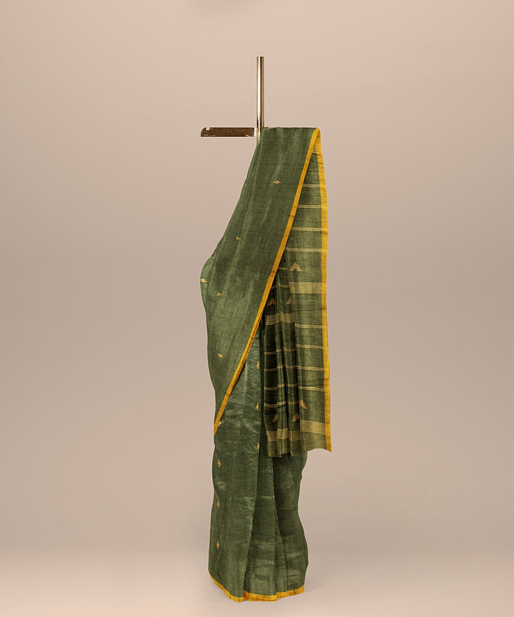 Dark green yellow cotton handloom bengal saree