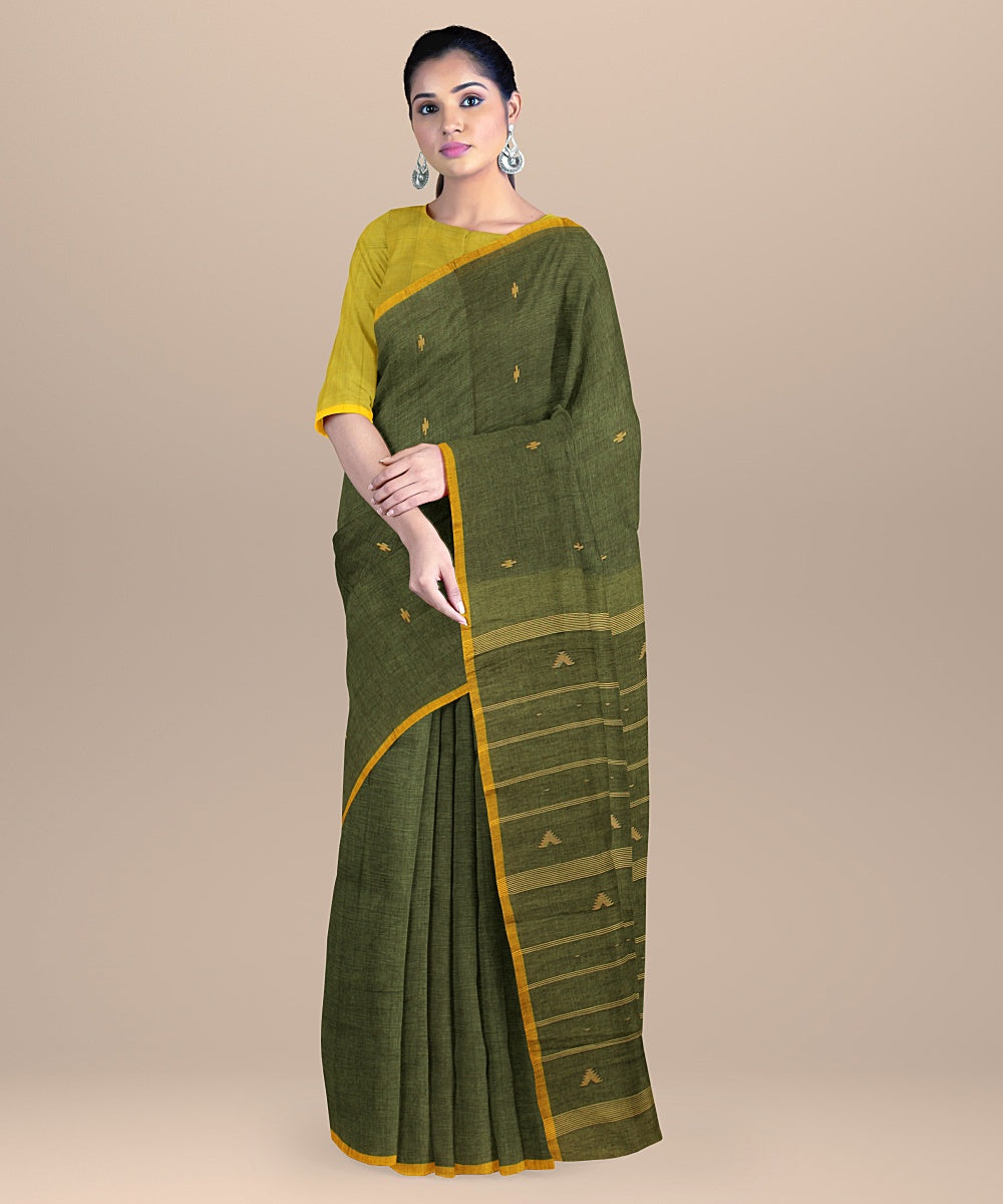 Dark green yellow cotton handloom bengal saree