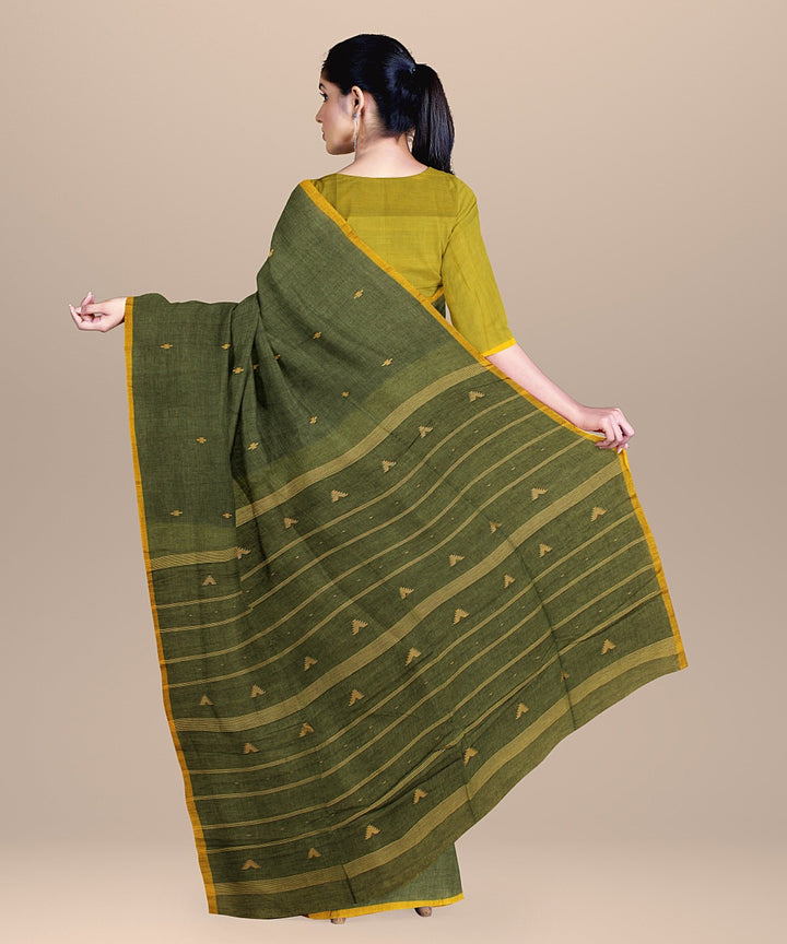 Dark green yellow cotton handloom bengal saree