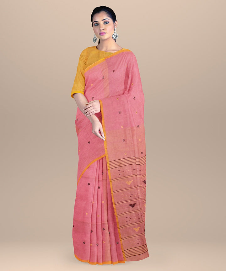 Pink yellow handloom bengal cotton saree