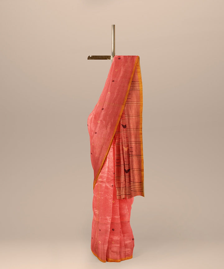 Pink yellow handloom cotton bengal saree