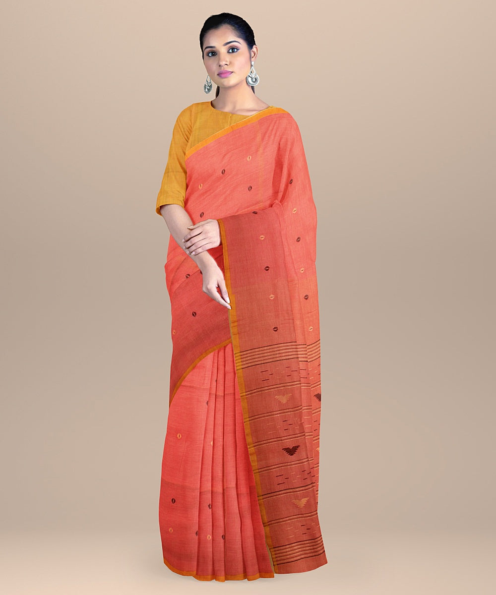 Pink yellow handloom cotton bengal saree