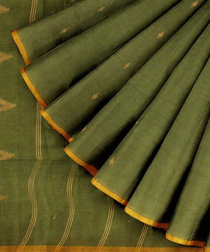 Olive green yellow handloom cotton bengal saree