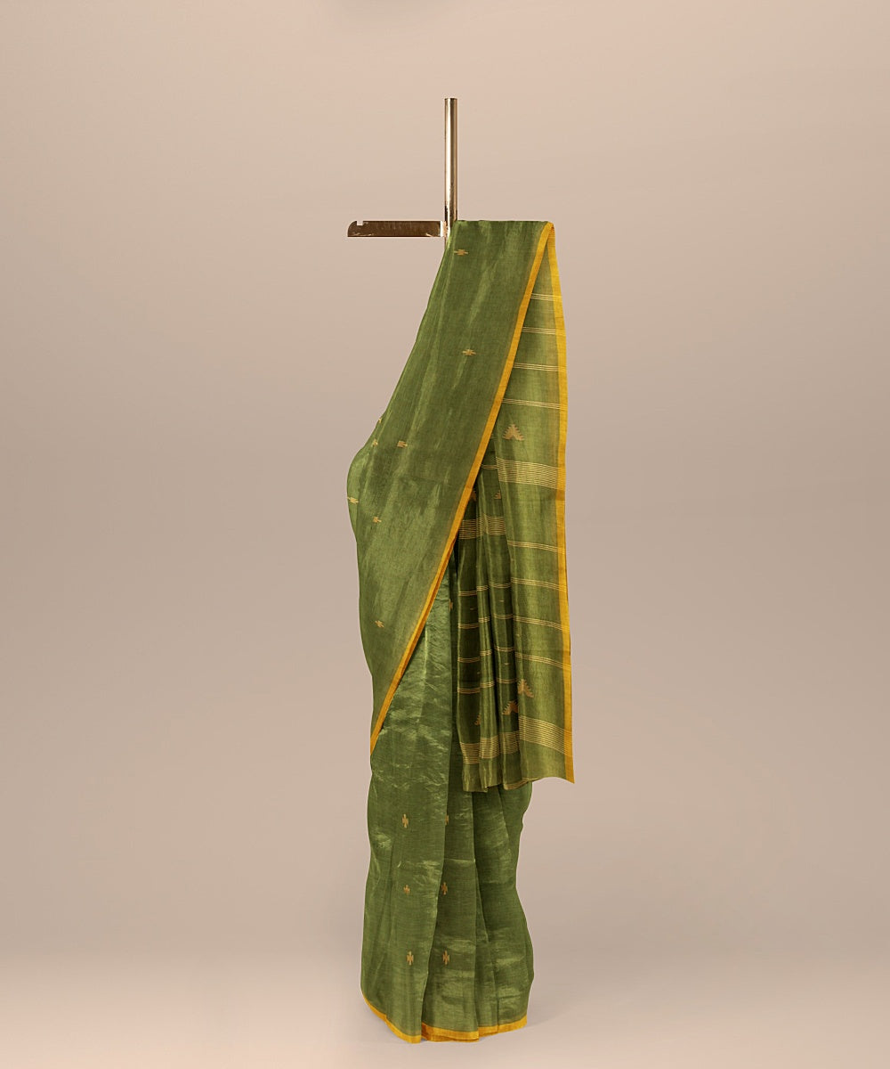 Olive green yellow handloom cotton bengal saree