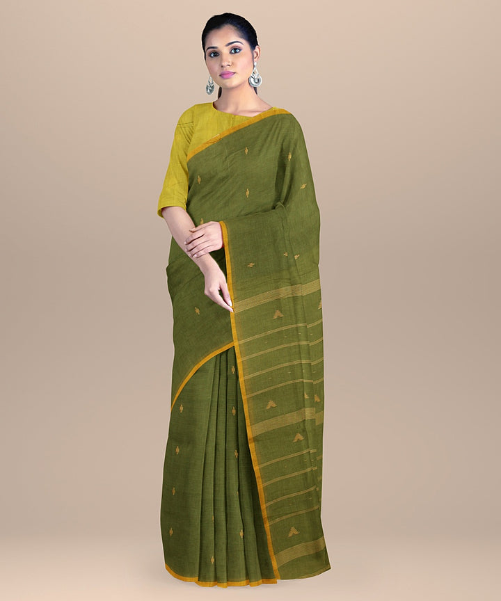 Olive green yellow handloom cotton bengal saree