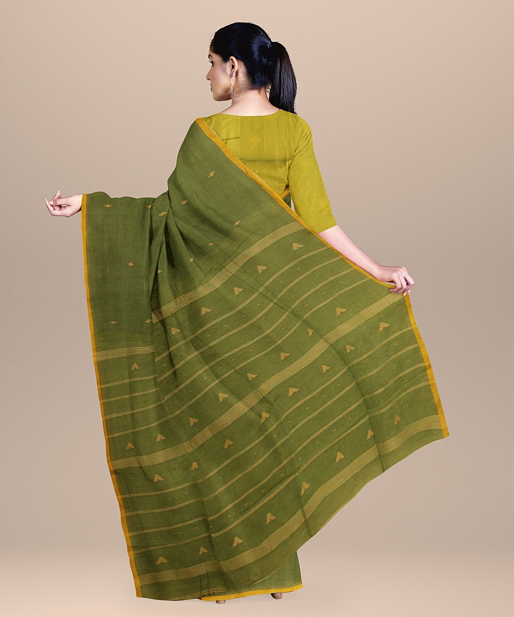 Olive green yellow handloom cotton bengal saree