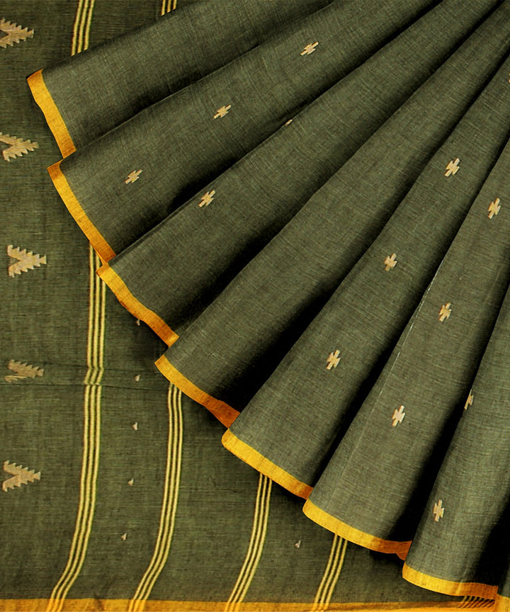 Dark green yellow handloom cotton bengal saree