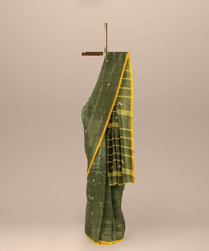 Dark green yellow handloom cotton bengal saree