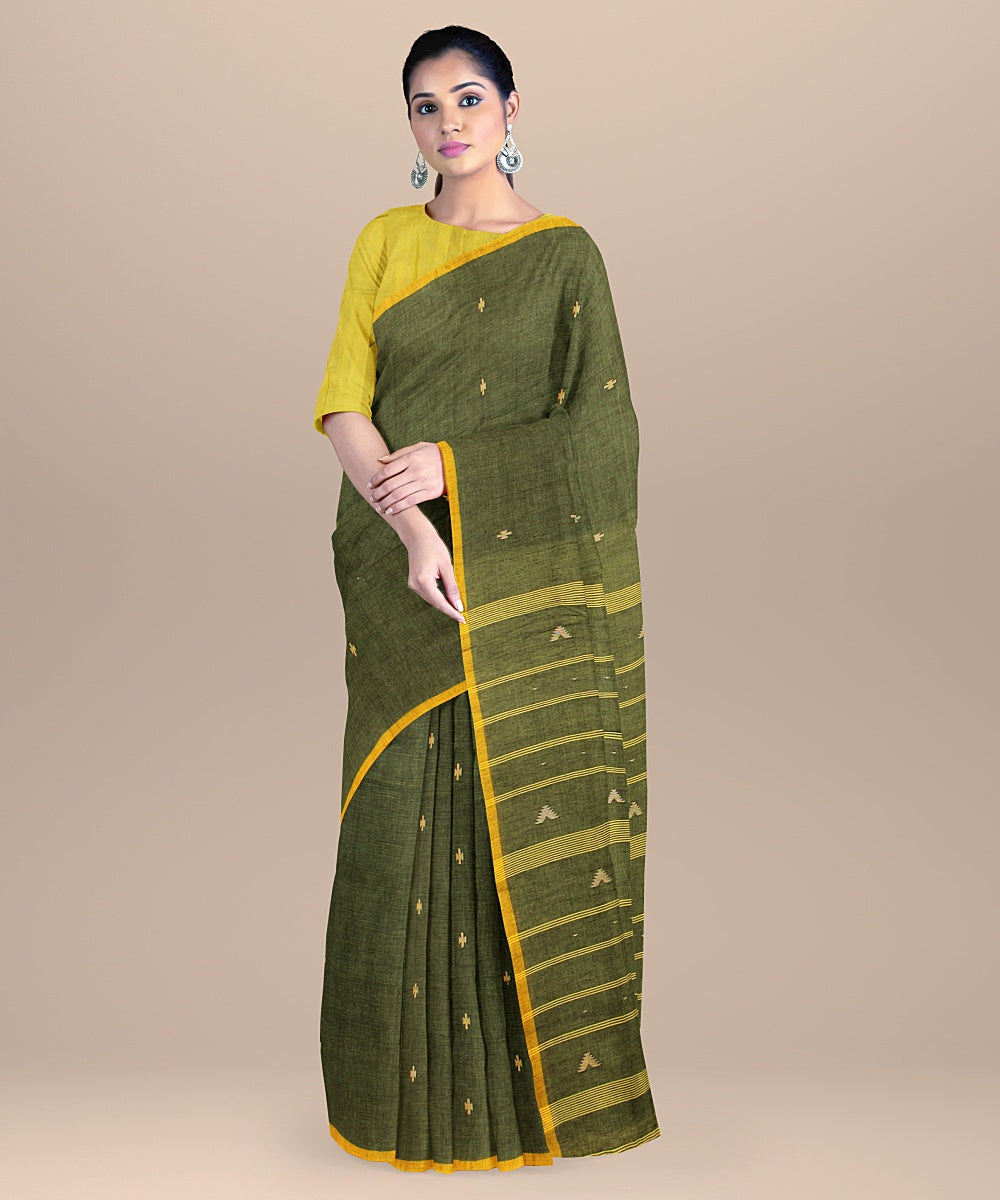 Dark green yellow handloom cotton bengal saree