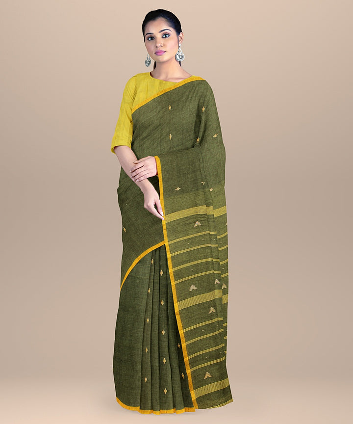 Dark green yellow handloom cotton bengal saree