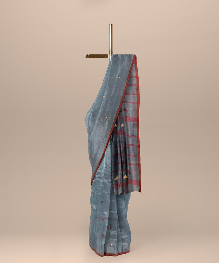 Navy blue red handloom cotton bengal saree