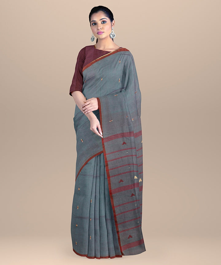 Navy blue red handloom cotton bengal saree