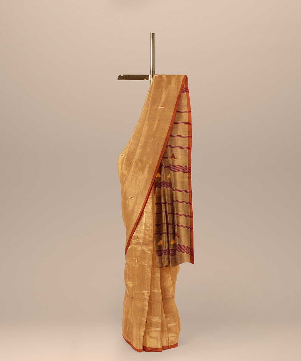 Beige rust handloom cotton bengal saree
