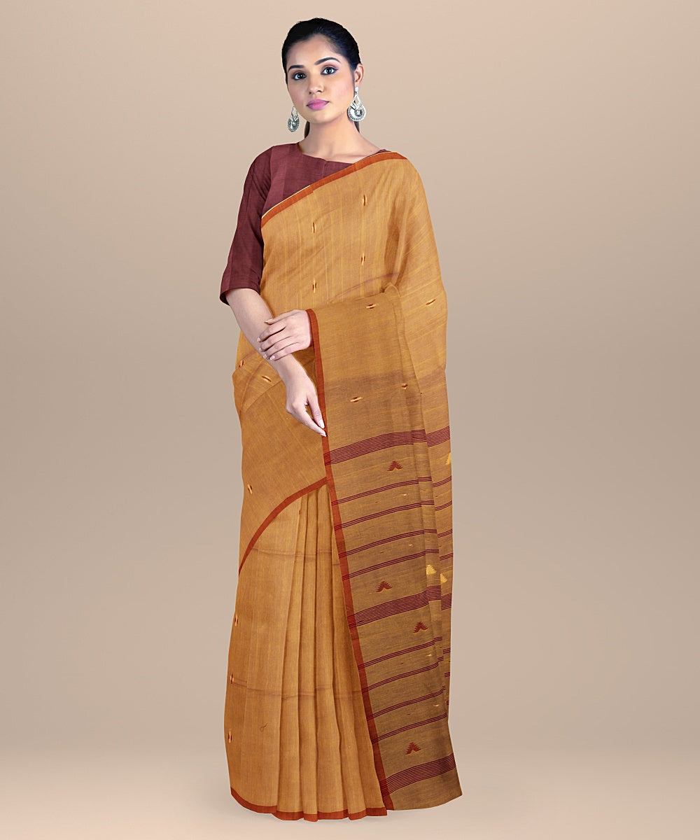 Beige rust handloom cotton bengal saree