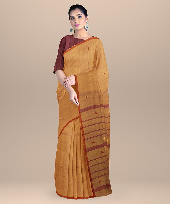 Beige rust handloom cotton bengal saree