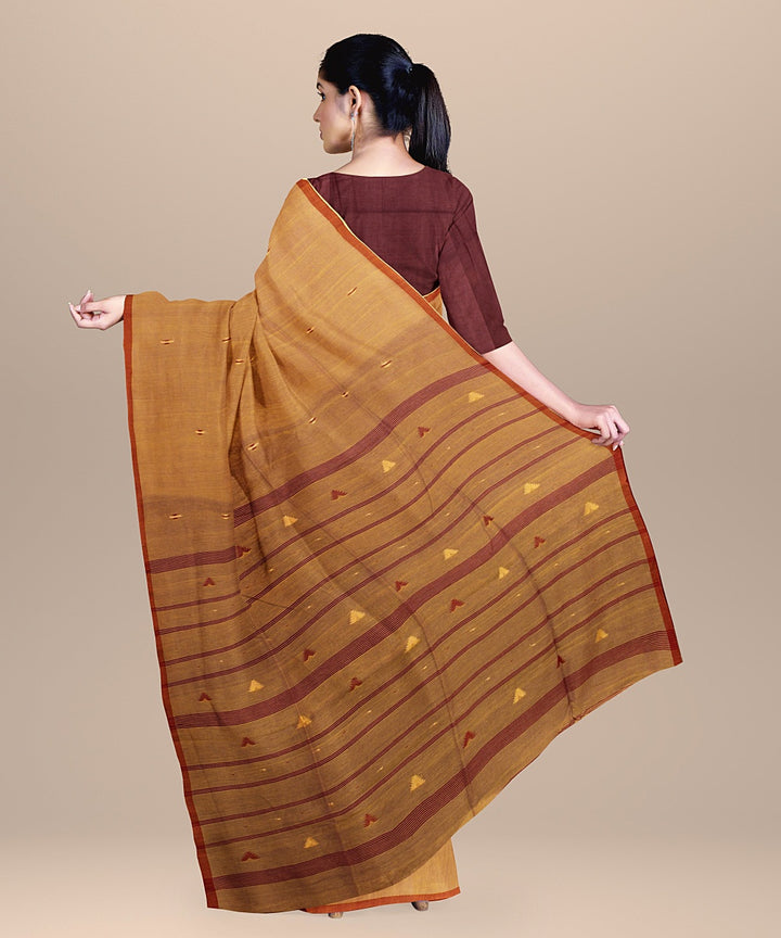 Beige rust handloom cotton bengal saree