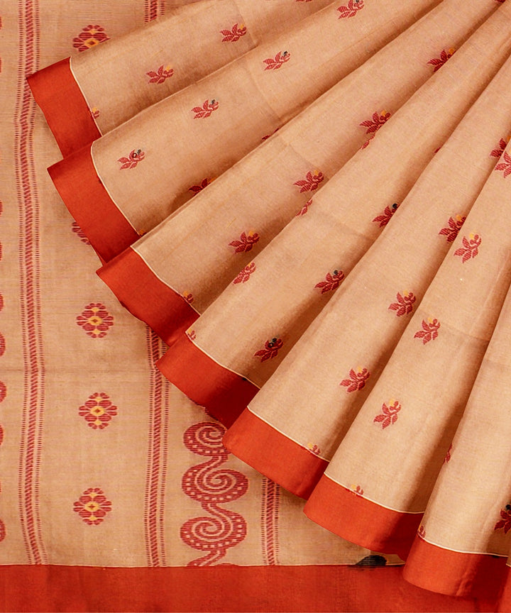 Beige red bengal cotton handloom saree