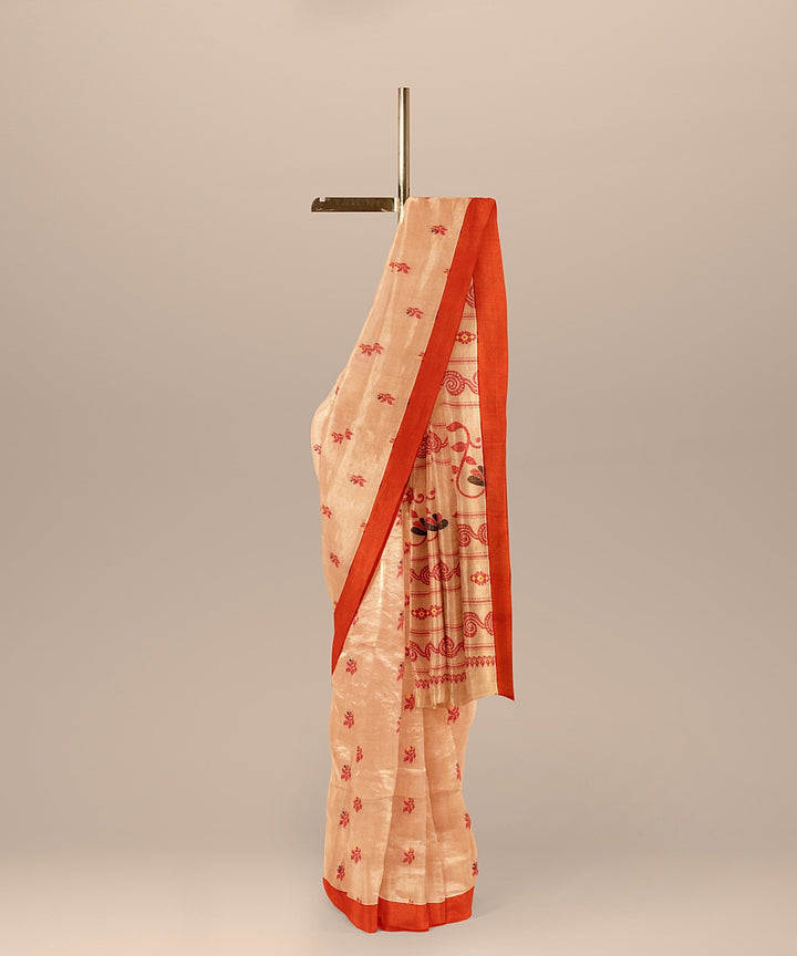 Beige red bengal cotton handloom saree