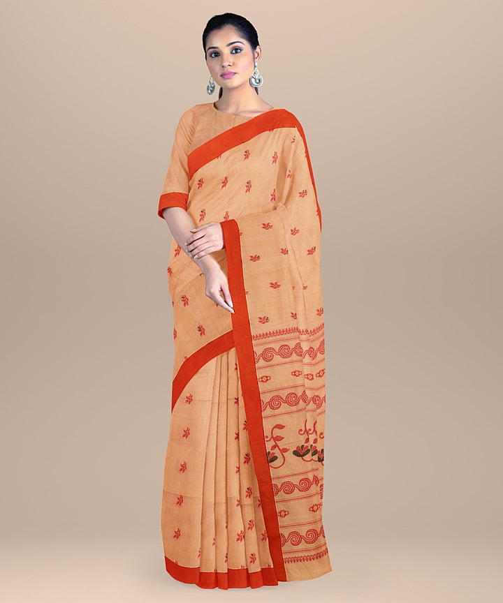 Beige red bengal cotton handloom saree