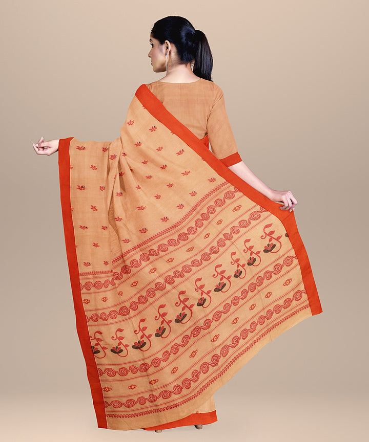 Beige red bengal cotton handloom saree