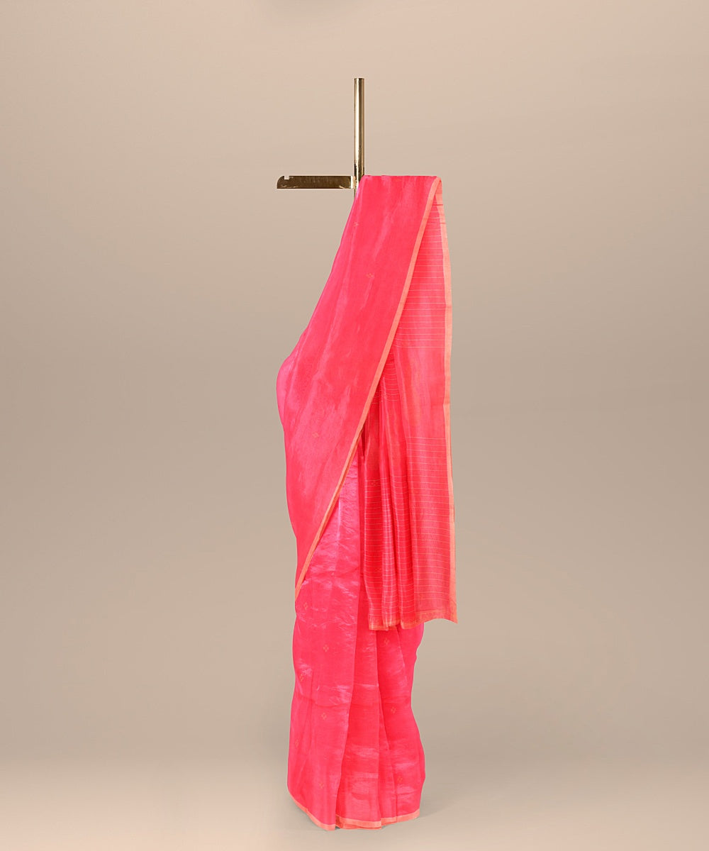 Pink red handwoven cotton bengal saree