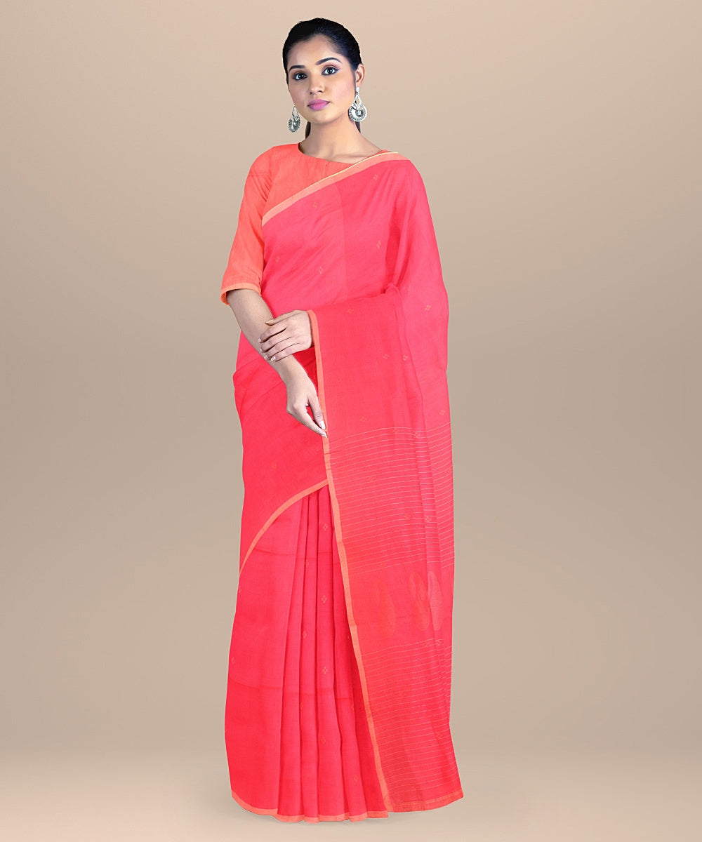 Pink red handwoven cotton bengal saree