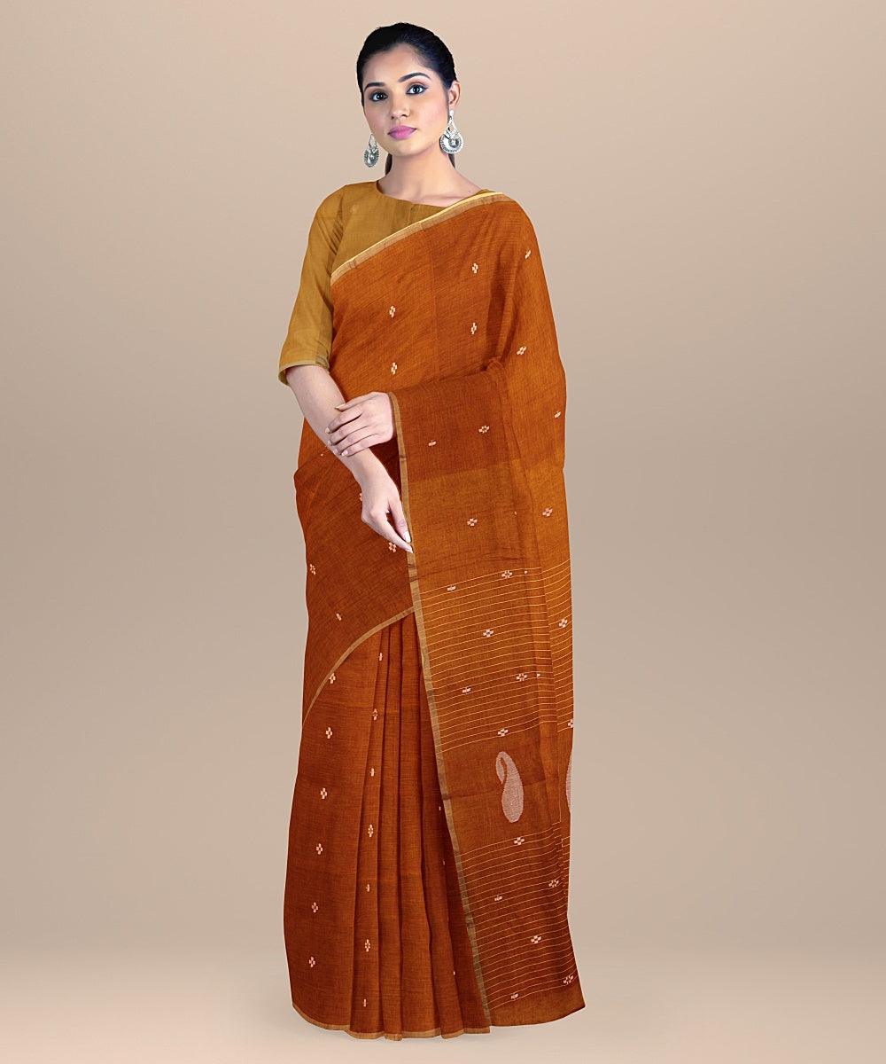 Brown offwhite handloom cotton bengal saree