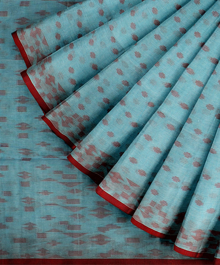 Sky blue red cotton handloom bengal saree