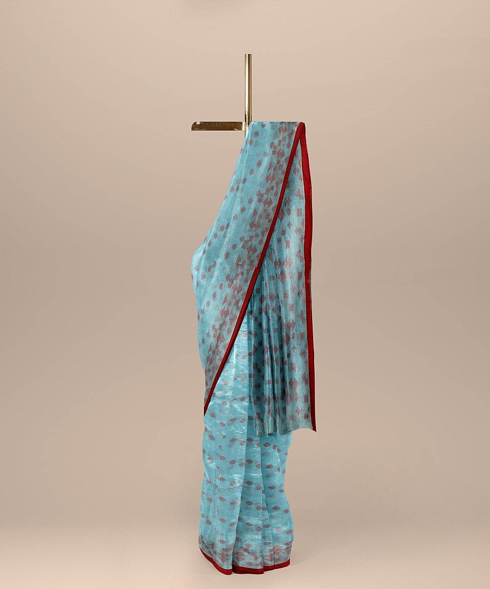 Sky blue red cotton handloom bengal saree