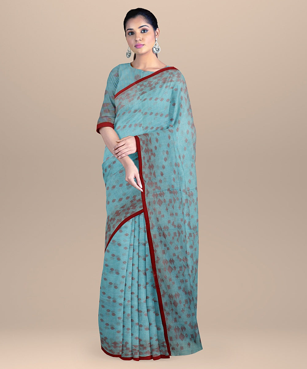 Sky blue red cotton handloom bengal saree