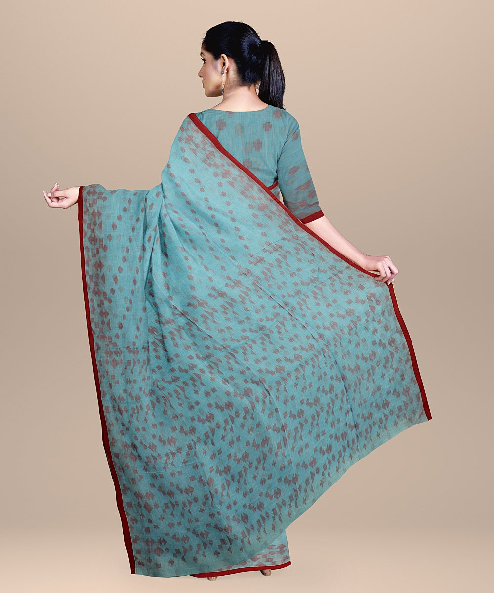 Sky blue red cotton handloom bengal saree