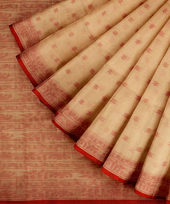 Beige red cotton handloom bengal saree