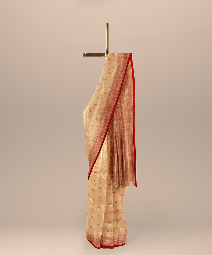 Beige red cotton handloom bengal saree