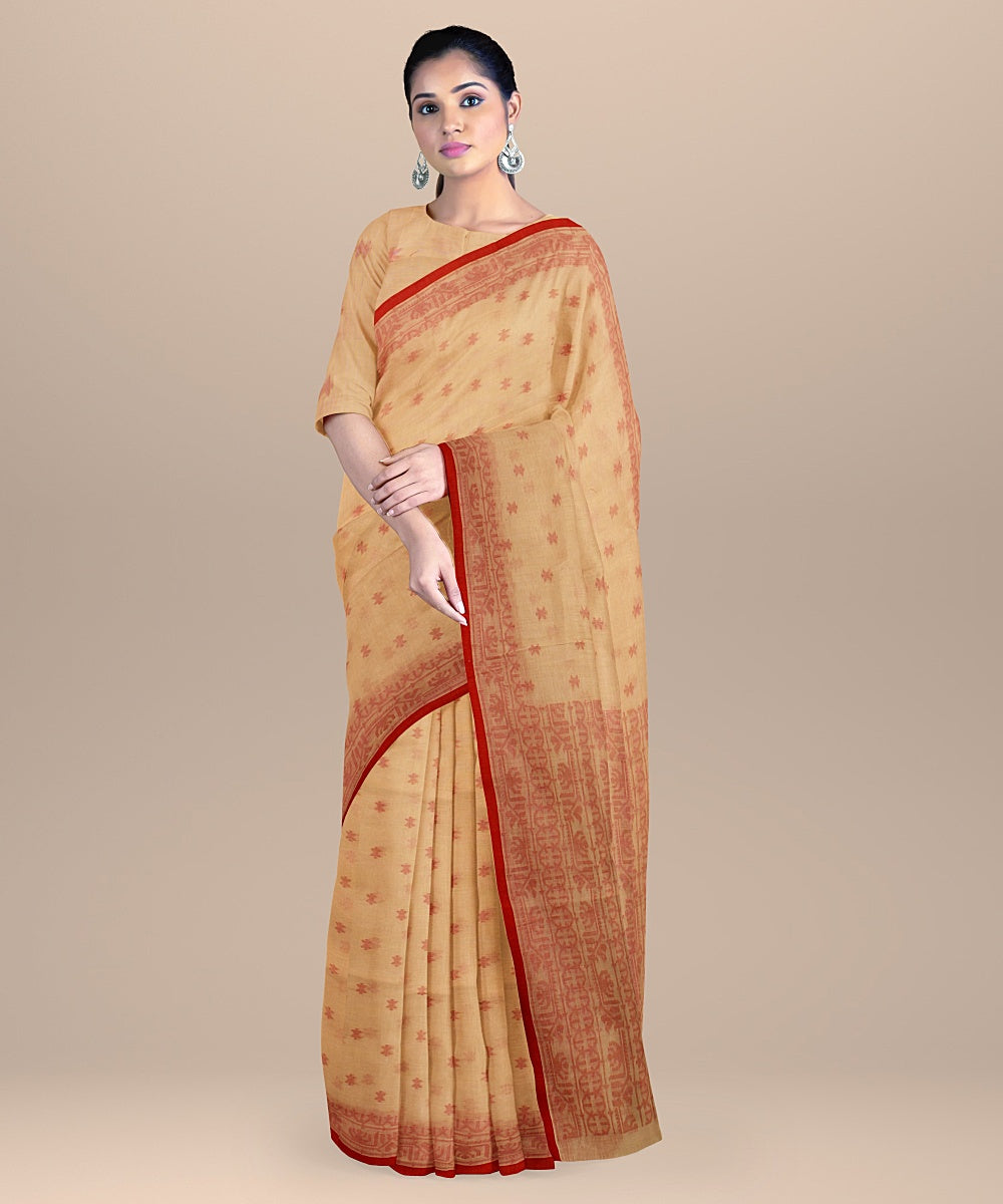 Beige red cotton handloom bengal saree