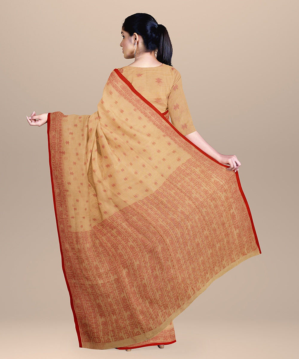 Beige red cotton handloom bengal saree