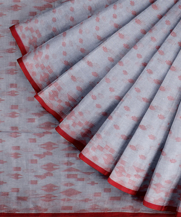 Grey red handloom cotton bengal saree