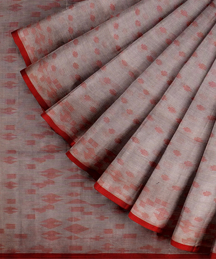 Grey red handloom cotton bengal saree