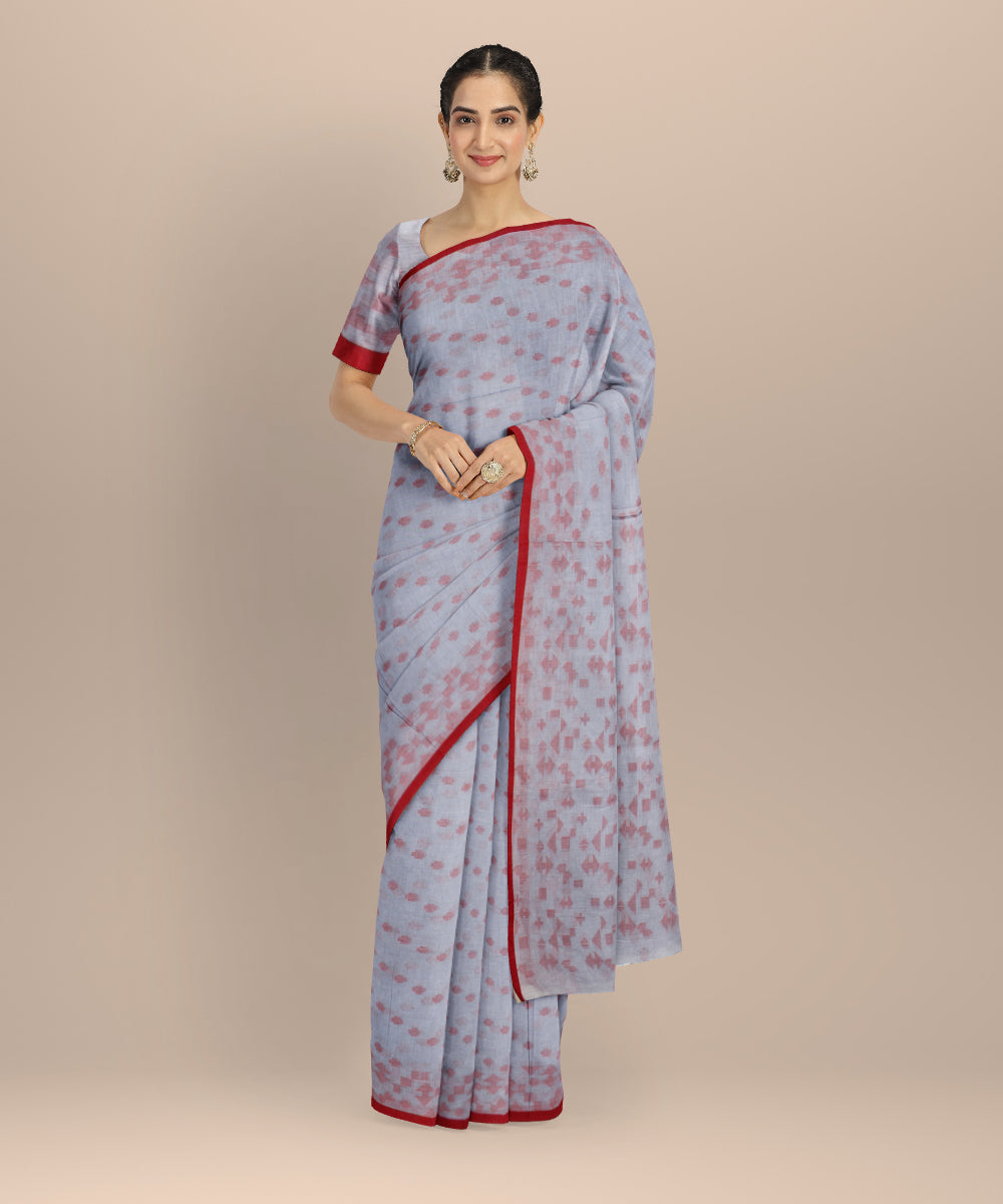 Grey red handloom cotton bengal saree