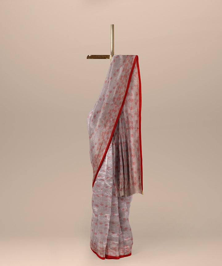 Grey red handloom cotton bengal saree