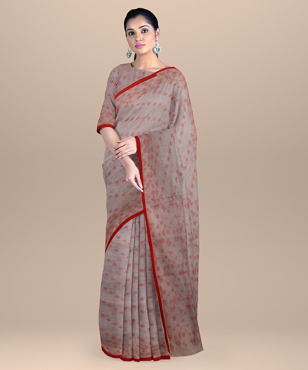 Grey red handloom cotton bengal saree