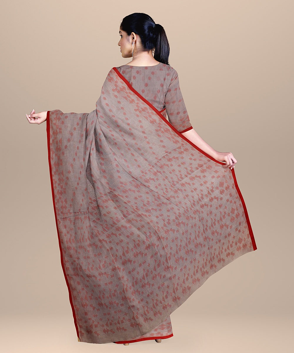 Grey red handloom cotton bengal saree